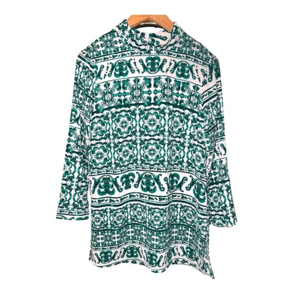H & M Green White Tile Print Tunic Top Med Boho Cottagecore Coastal Euro Summer - Picture 2 of 5